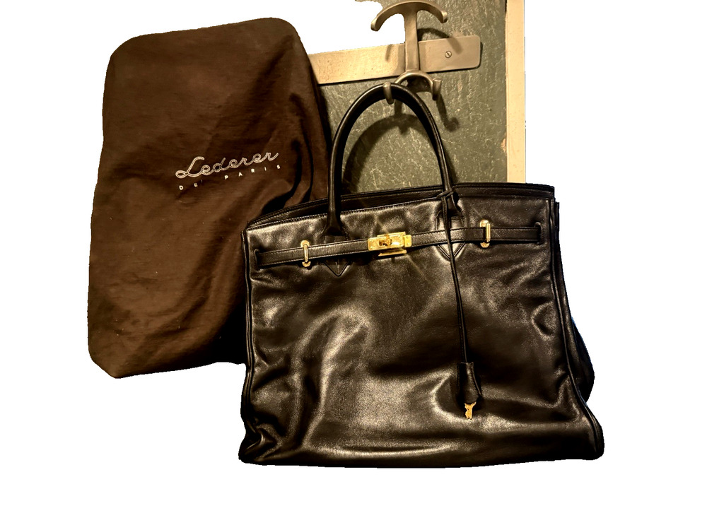Vintage Lederer de Paris Black Leather Town and Country Top Handle Satchel Bag